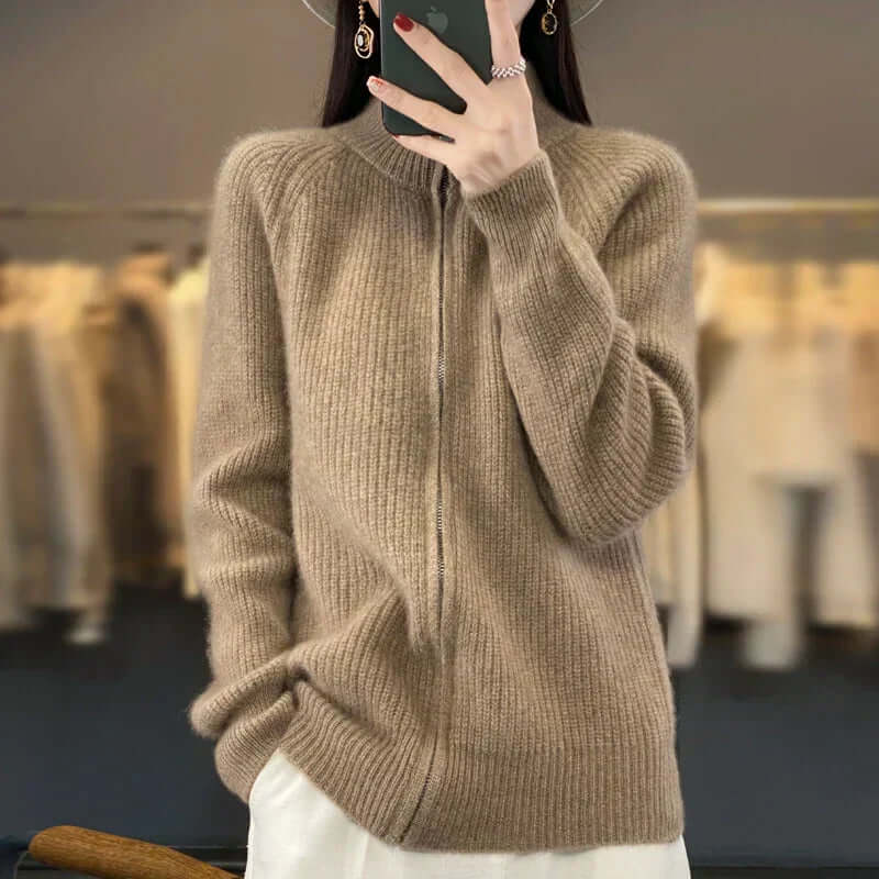 Women's High-Collar Long Sleeve Full-Zip Knit Cardigan