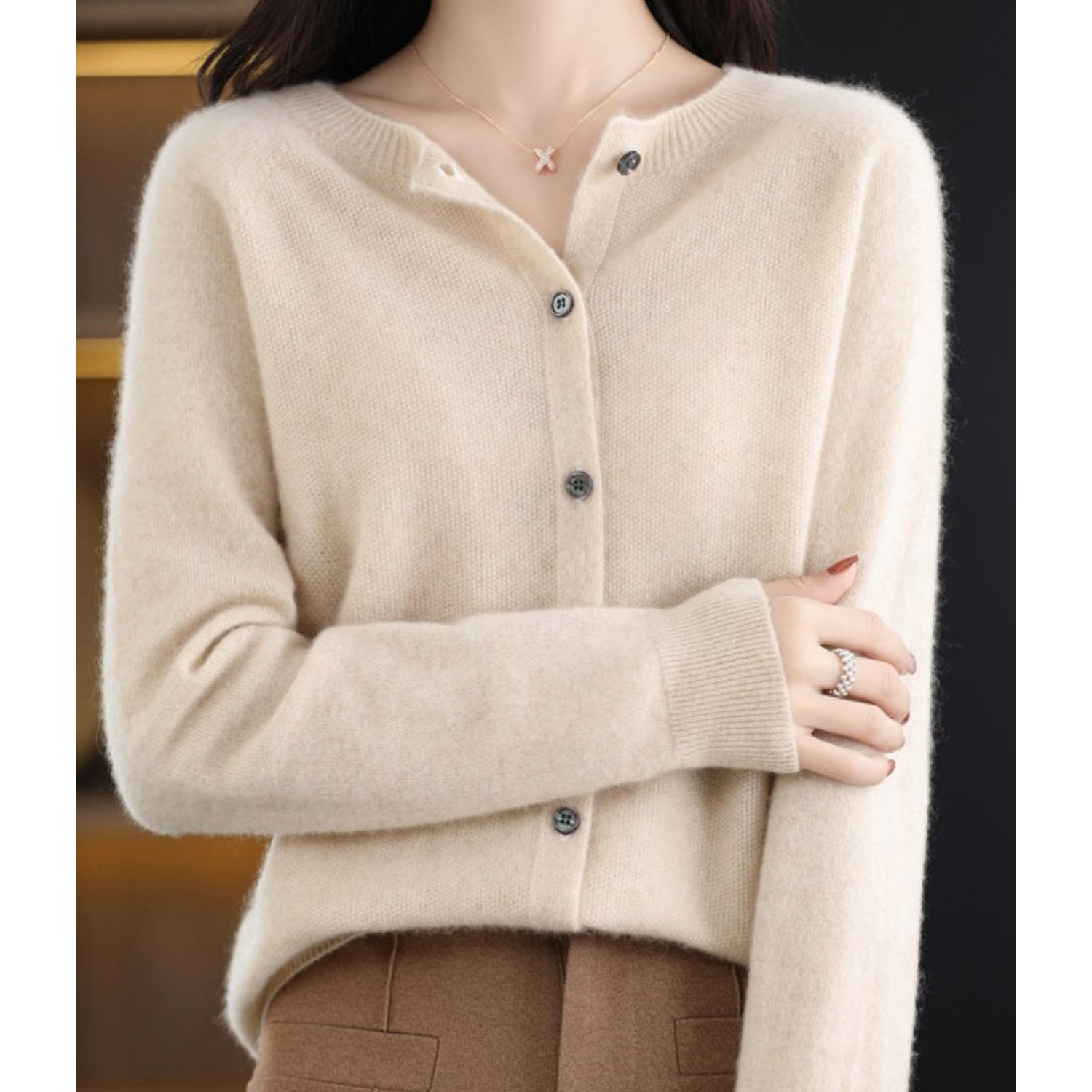 Round Neck Button-Up Soft Knit Cardigan for Women