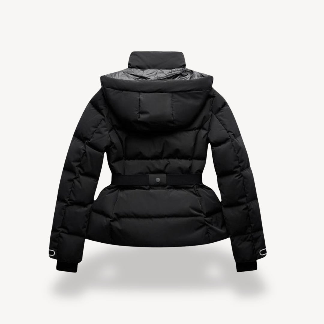 Women's Black Waterproof Puffer Jacket with Belt and High Collar