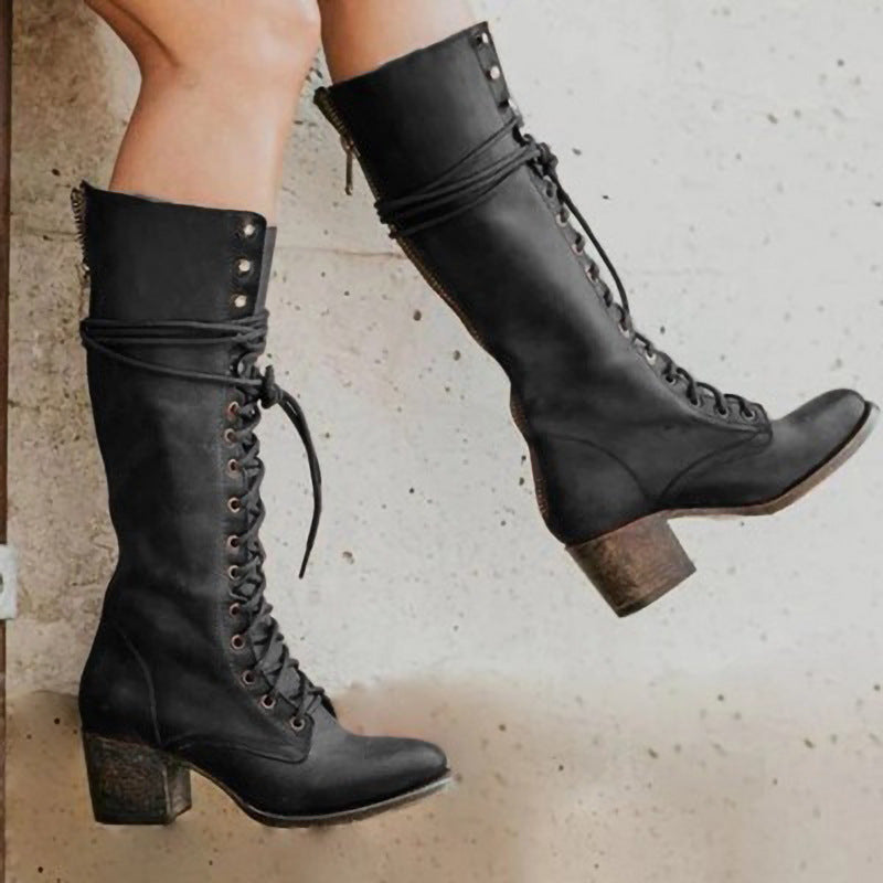 Lace-Up Front Knee-High Boots for Women with Chunky Heel