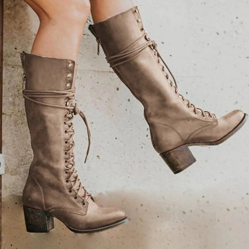 Lace-Up Front Knee-High Boots for Women with Chunky Heel