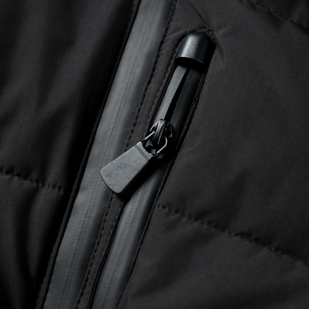 Women's Black Waterproof Puffer Jacket with Belt and High Collar