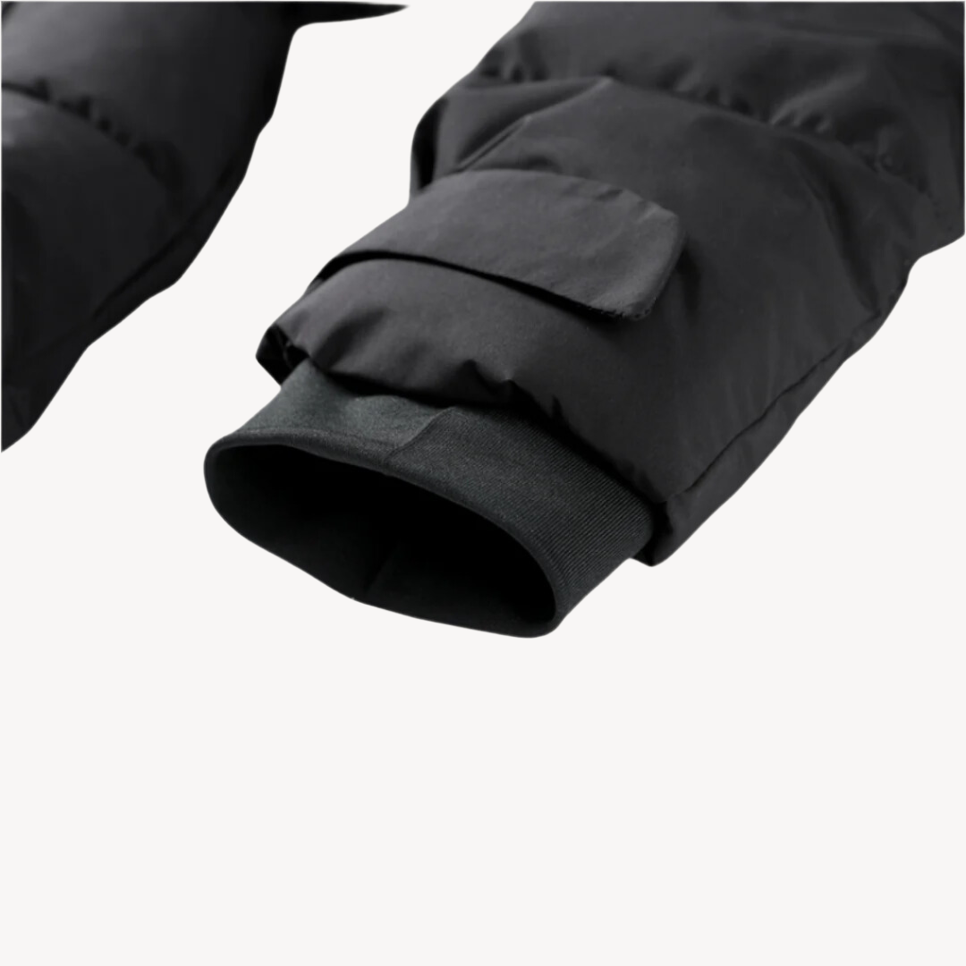 Women's Black Waterproof Puffer Jacket with Belt and High Collar