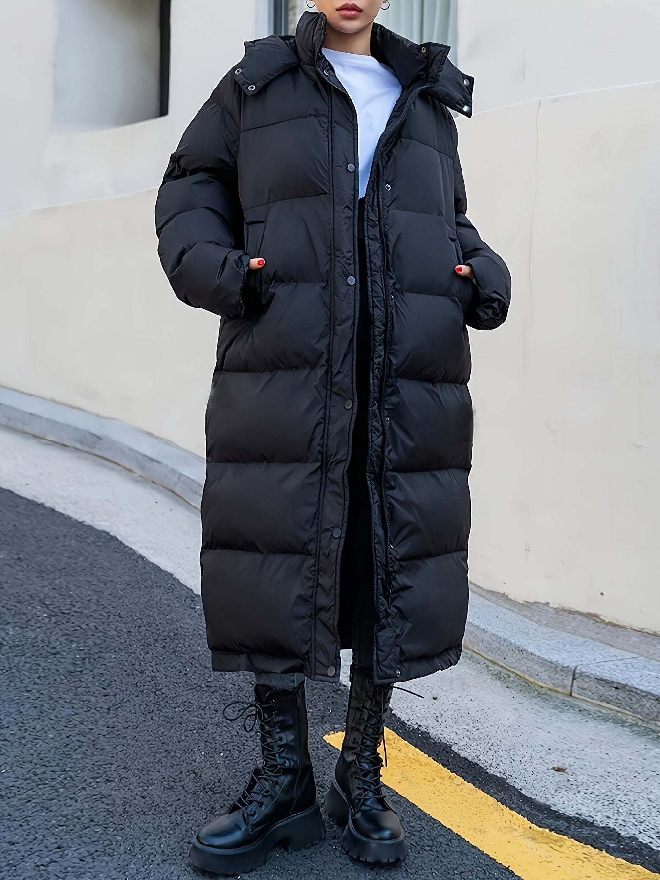 Women's Full-Length Quilted Black Puffer Jacket with Hood