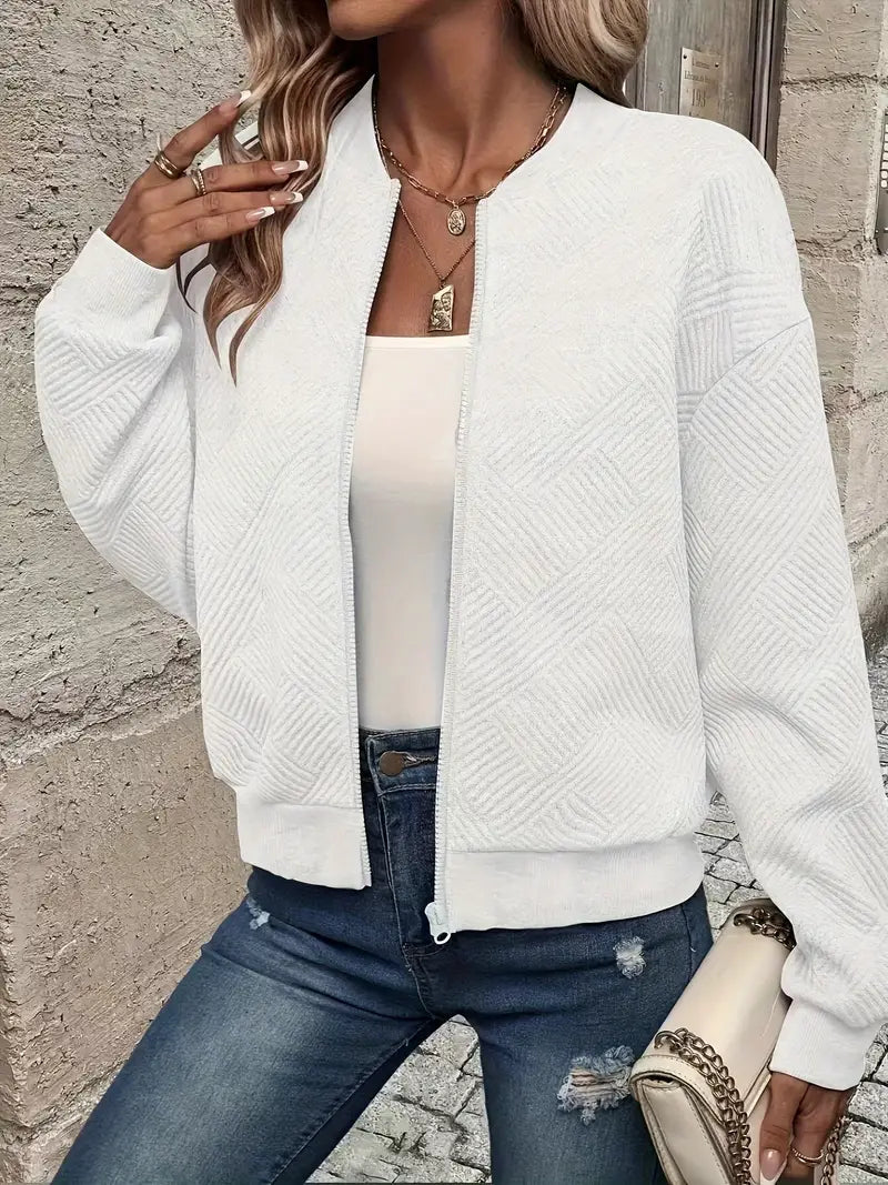 Textured Zip-Up Cardigan for Women with Ribbed Hem and Long Sleeves