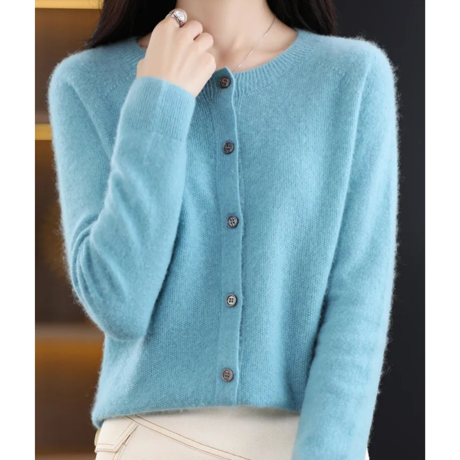 Round Neck Button-Up Soft Knit Cardigan for Women