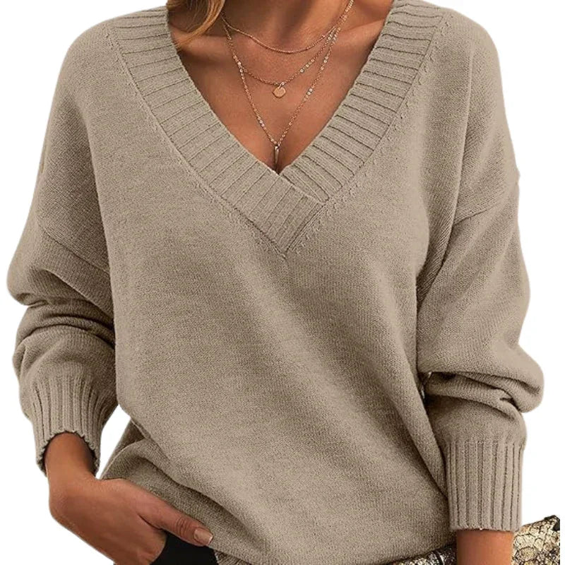 Relaxed Fit V-Neck Textured Knit Sweater for Women - Regular Length