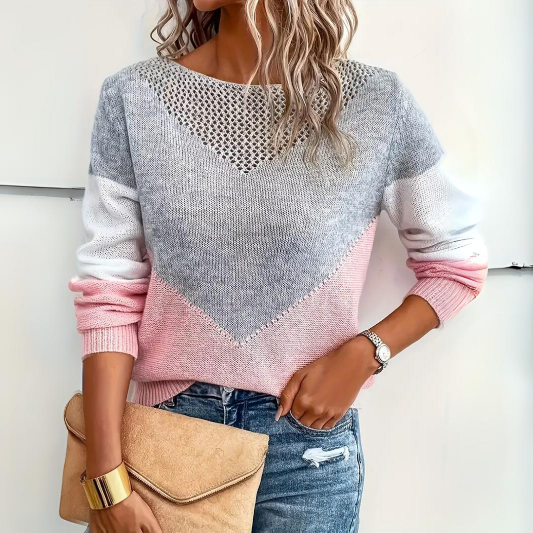 V-Shape Contrast Panel Color Block Pointelle Sweater for Women
