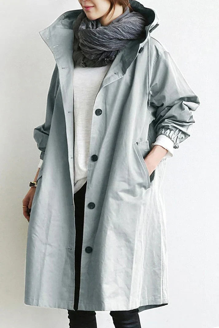 Women's Hooded Oversized Trench Coat with Button Closure and Pockets