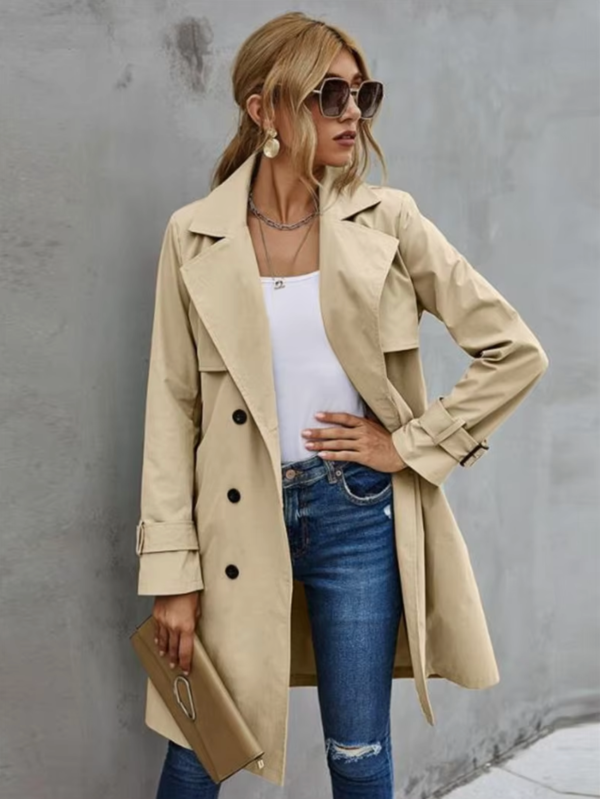Double-Breasted Front Classic Trench Coat for Women