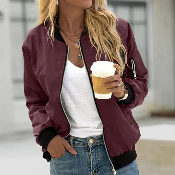 Women's Bomber Jacket with Zip-Up Closure and Utility Sleeve Pocket