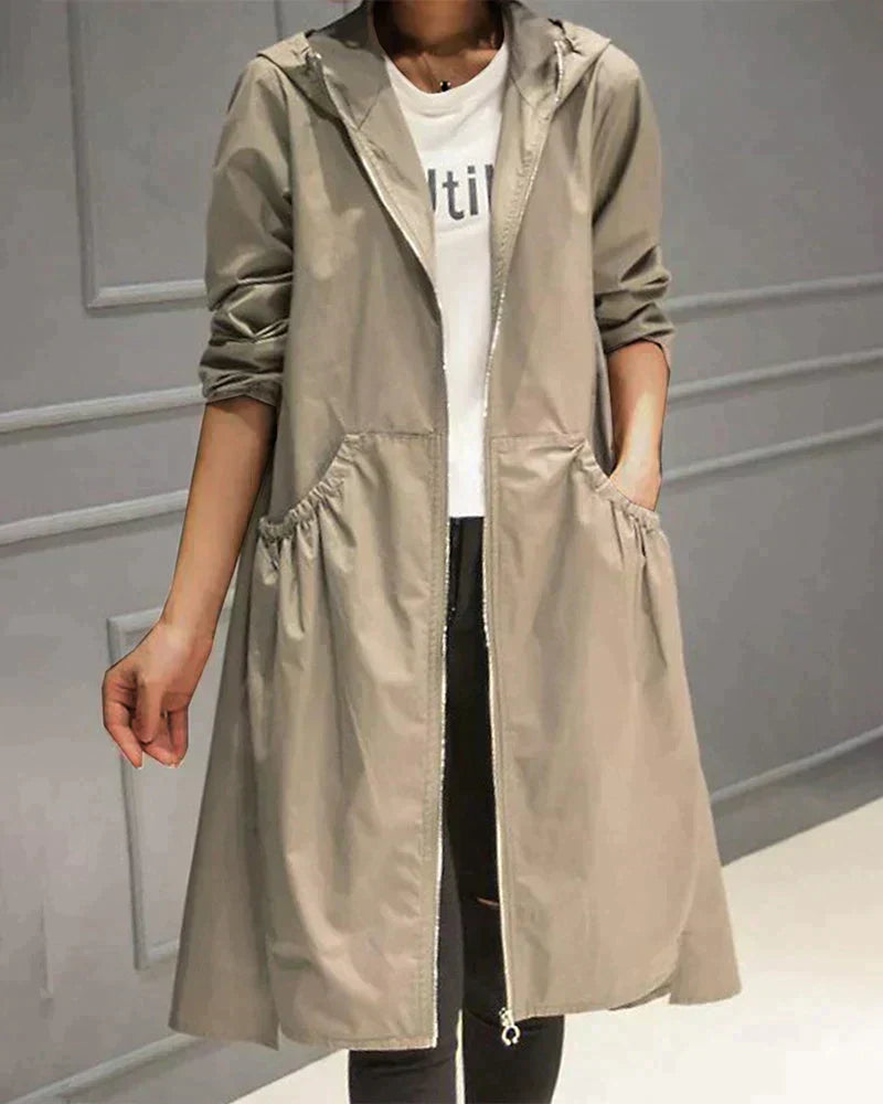 Women's Long Hooded Raincoat with Waterproof and Weatherproof Features and Zipper