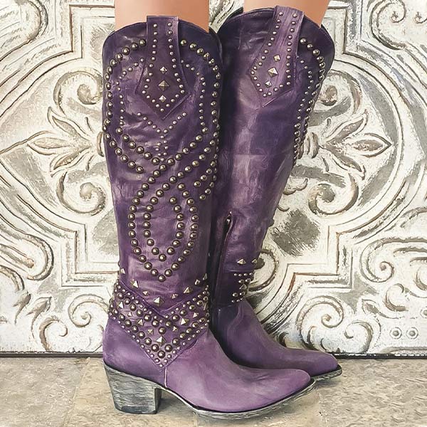 Women's Knee-High Cowboy Boots with Rivet Accents, Chunky Heel, and Side Zipper