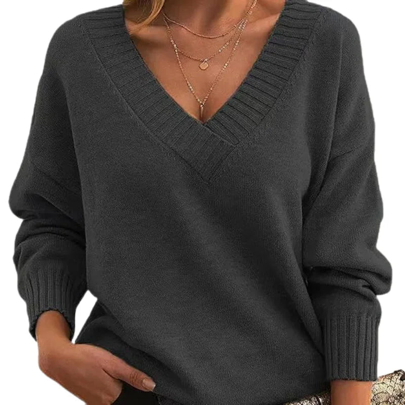 Relaxed Fit V-Neck Textured Knit Sweater for Women - Regular Length