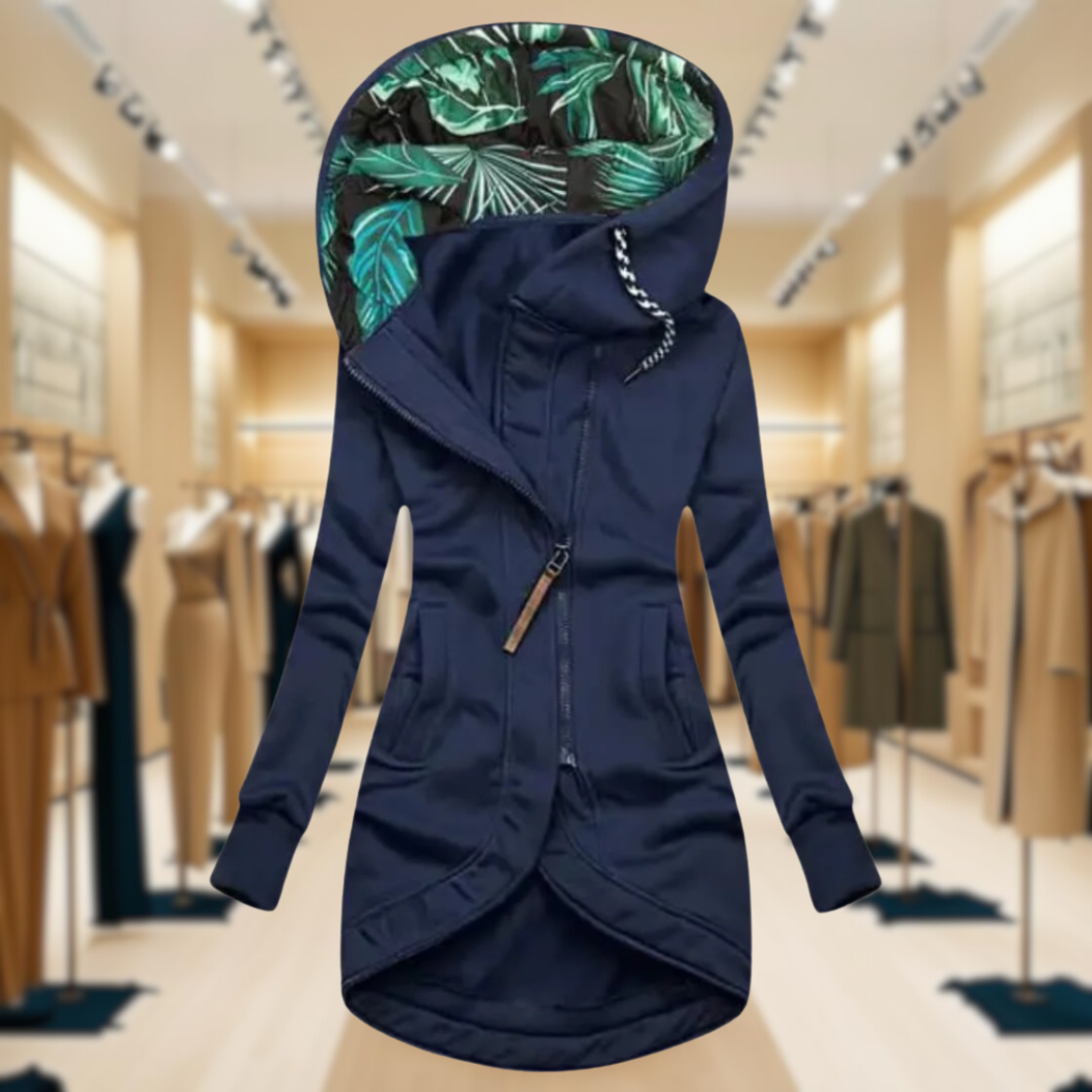 Women's Hooded Lightweight Rain Jacket with Asymmetric Zipper