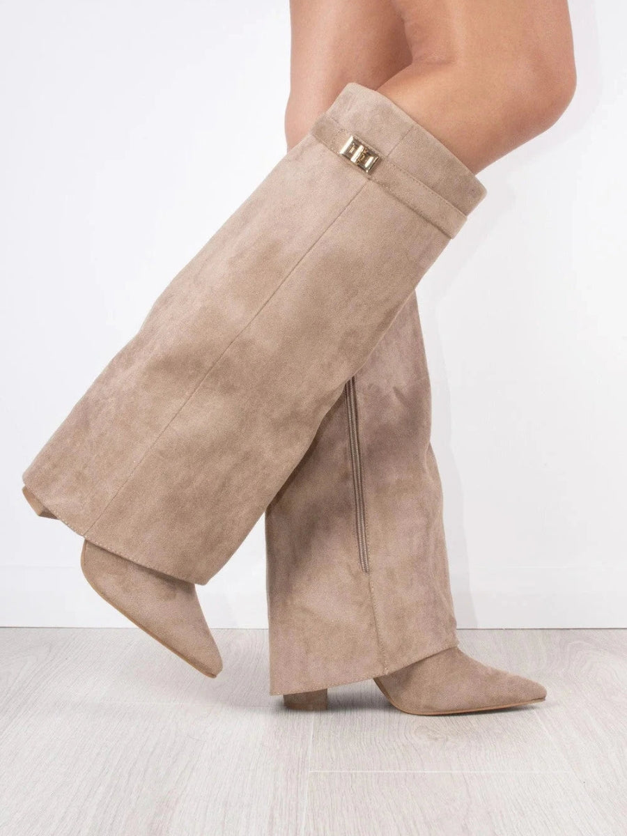 Wide Flare Top Knee High Boots for Women with Block Heel