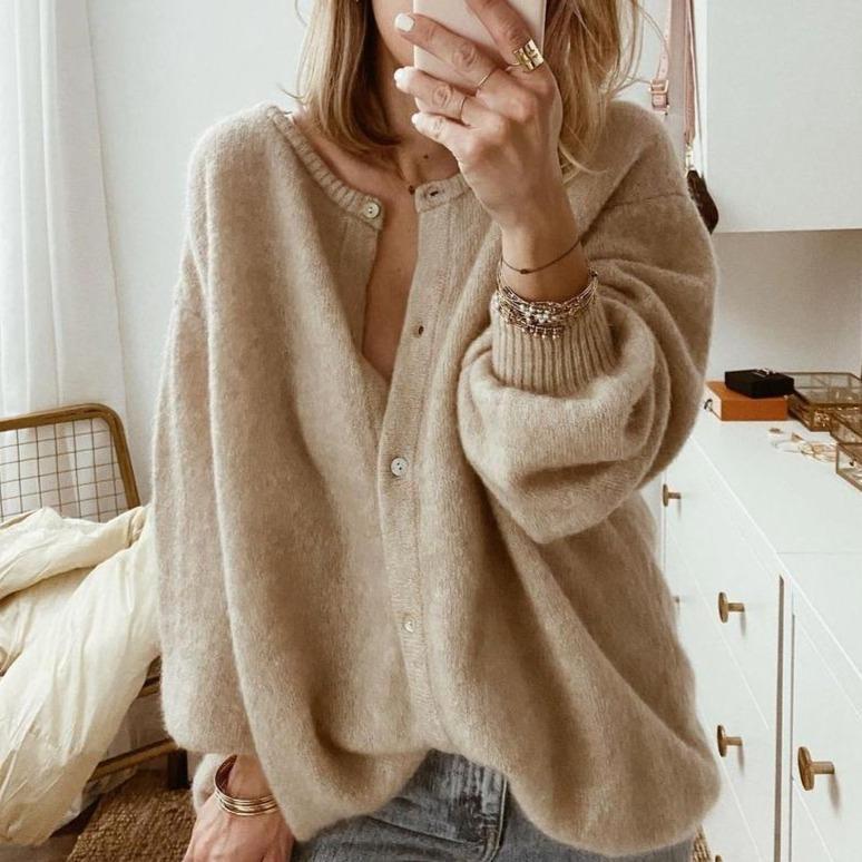 Women's Loose-Fit Button-Up Knit Cardigan with Dropped Shoulders