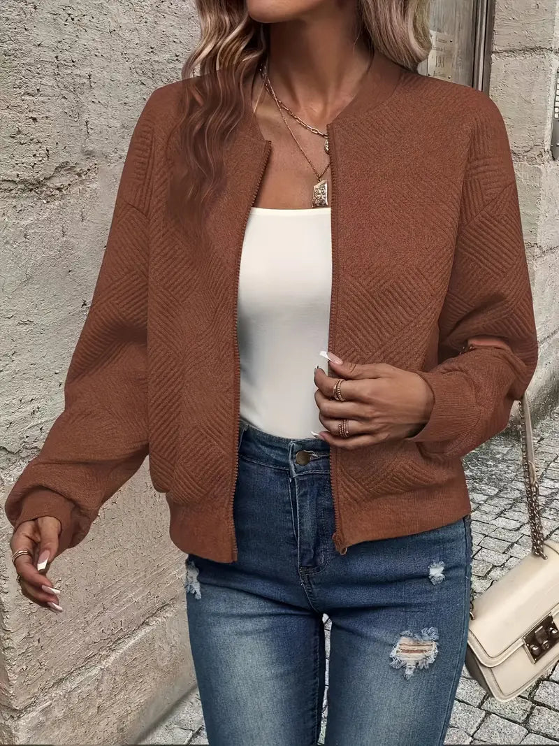 Textured Zip-Up Cardigan for Women with Ribbed Hem and Long Sleeves