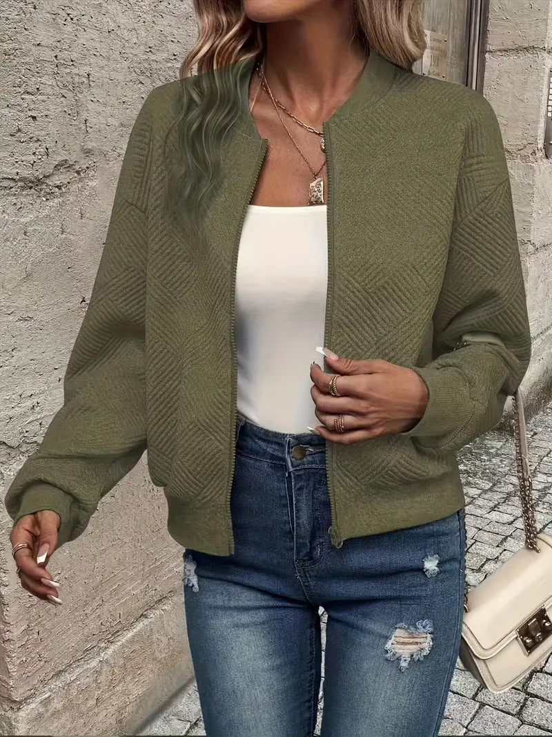 Textured Zip-Up Cardigan for Women with Ribbed Hem and Long Sleeves