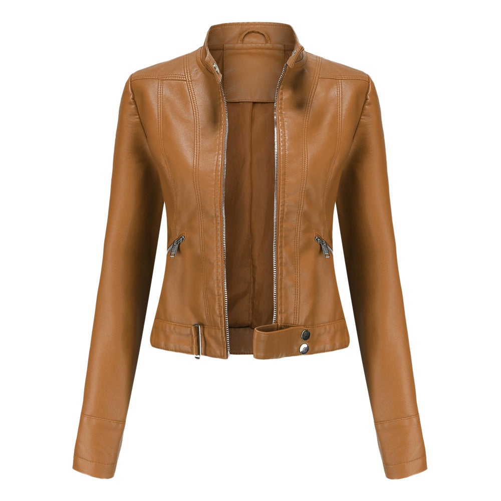 High Collar Women's Leather Jacket with Zip Closure and Belt
