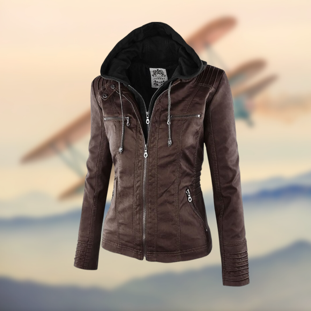 Women's Tailored Leather Jacket with Hood and Zipper Accents