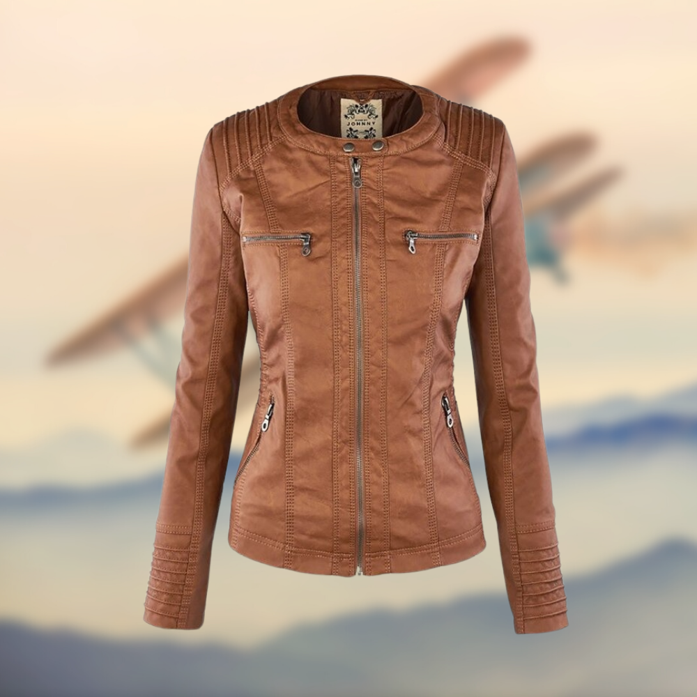 Women's Tailored Leather Jacket with Hood and Zipper Accents