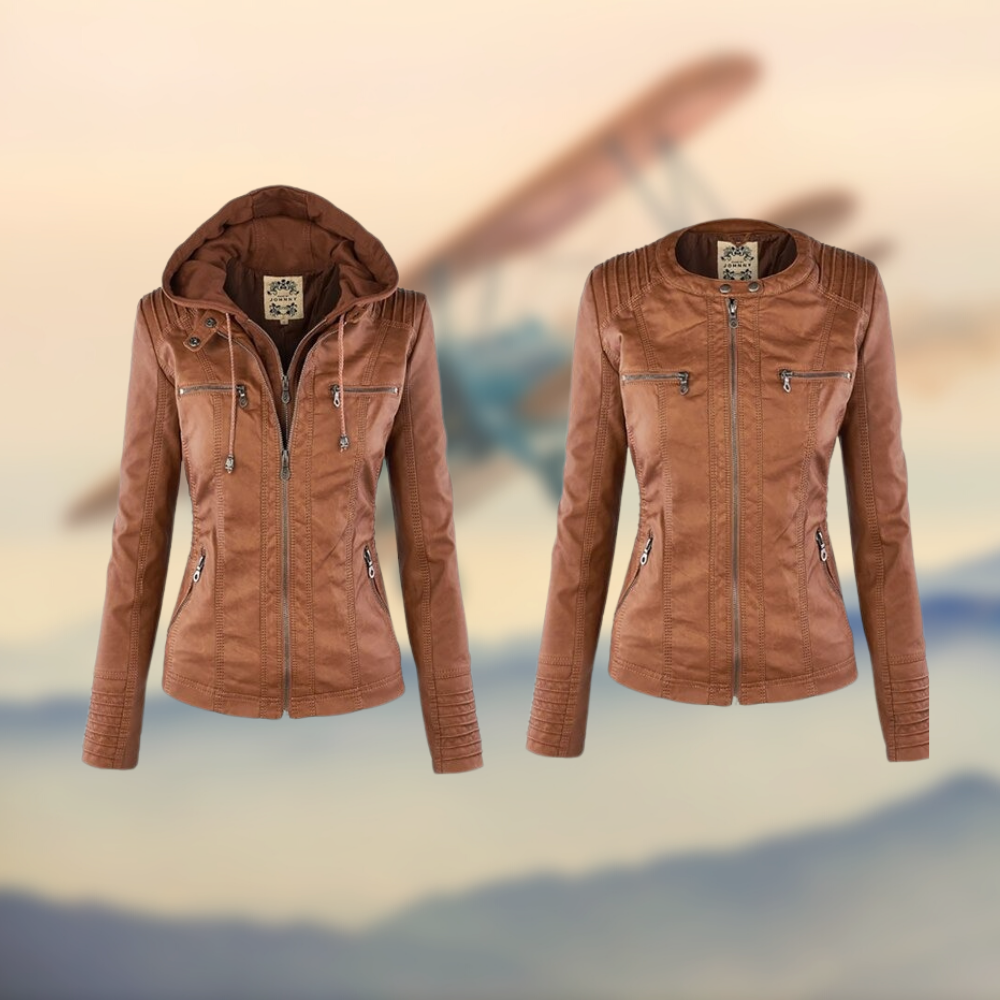 Women's Tailored Leather Jacket with Hood and Zipper Accents