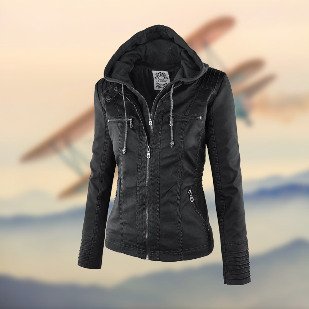 Women's Tailored Leather Jacket with Hood and Zipper Accents