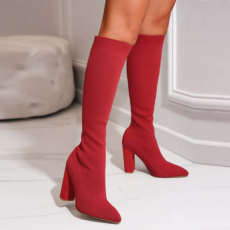 Pointed Toe Block Heel Knee-High Sock Boots for Women