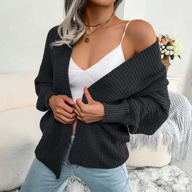 Relaxed Open-Front Long-Sleeve Knit Cardigan for Women