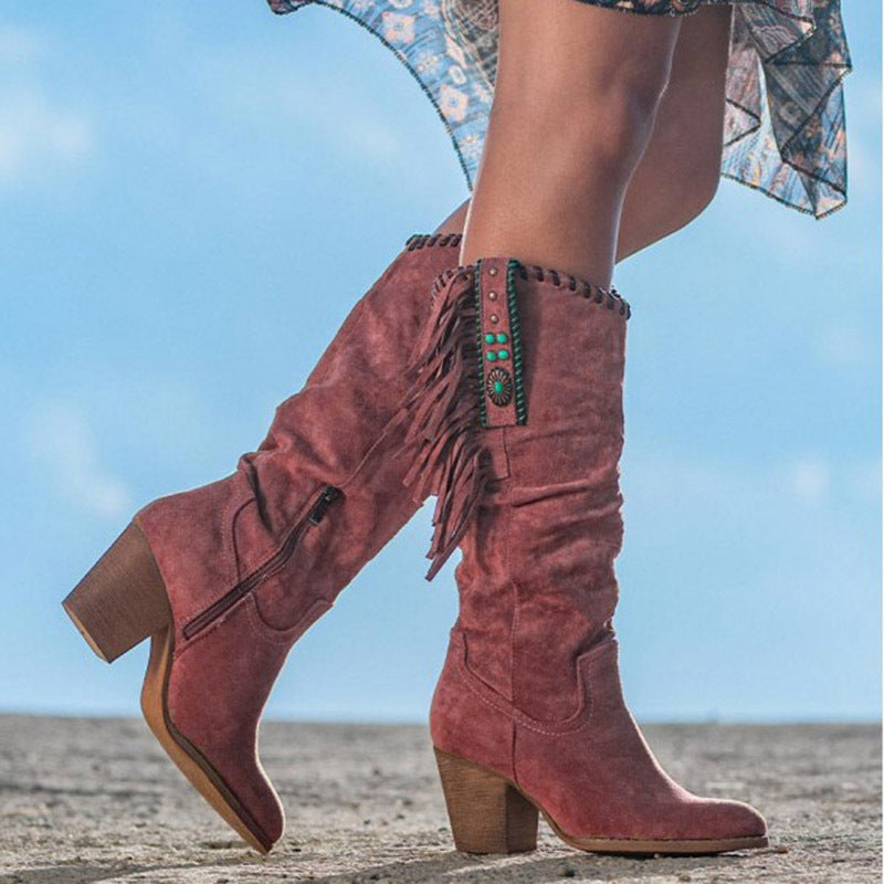 Fringe-Trimmed Knee-High Cowboy Boots for Women with Block Heels