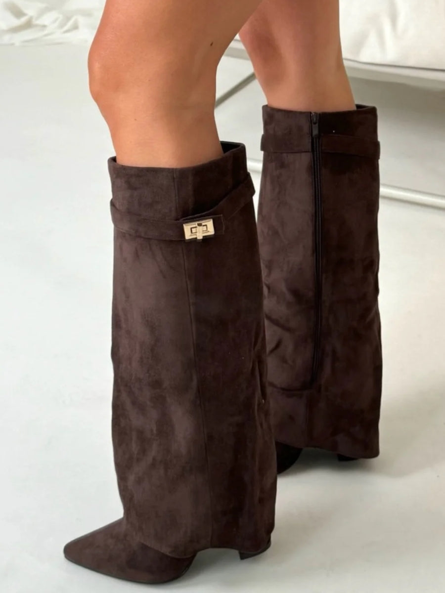 Wide Flare Top Knee High Boots for Women with Block Heel
