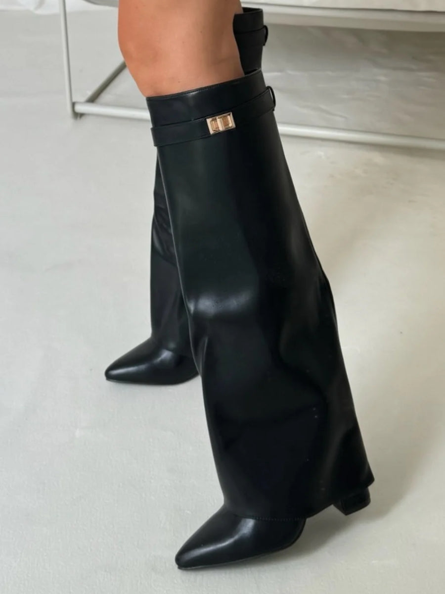 Wide Flare Top Knee High Boots for Women with Block Heel