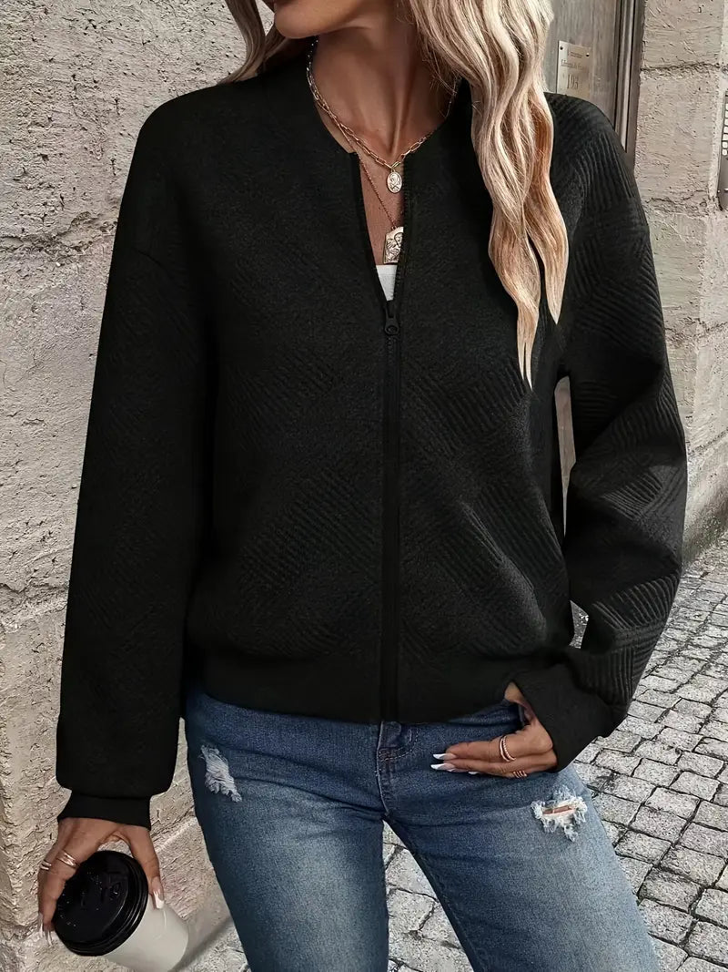 Textured Zip-Up Cardigan for Women with Ribbed Hem and Long Sleeves
