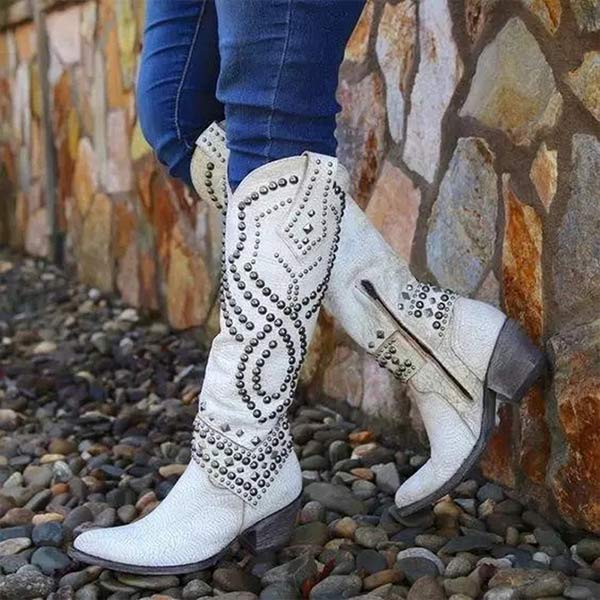 Women's Knee-High Cowboy Boots with Rivet Accents, Chunky Heel, and Side Zipper