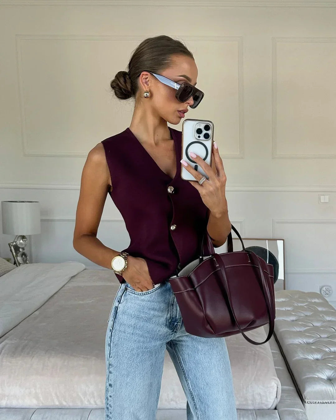 Women's Sleeveless Knitted Vest Top with Button-Front Closure
