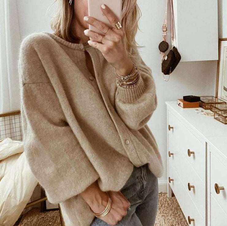 Women's Loose-Fit Button-Up Knit Cardigan with Dropped Shoulders