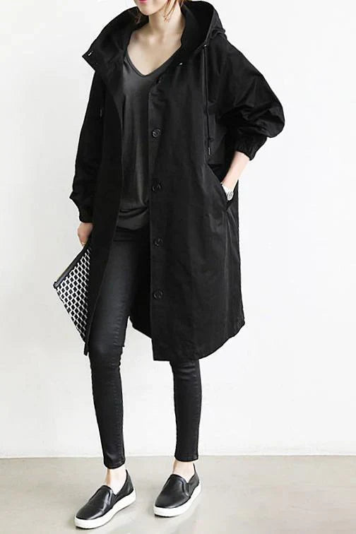 Women's Hooded Oversized Trench Coat with Button Closure and Pockets