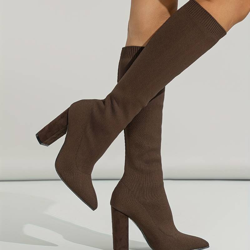 Pointed Toe Block Heel Knee-High Sock Boots for Women