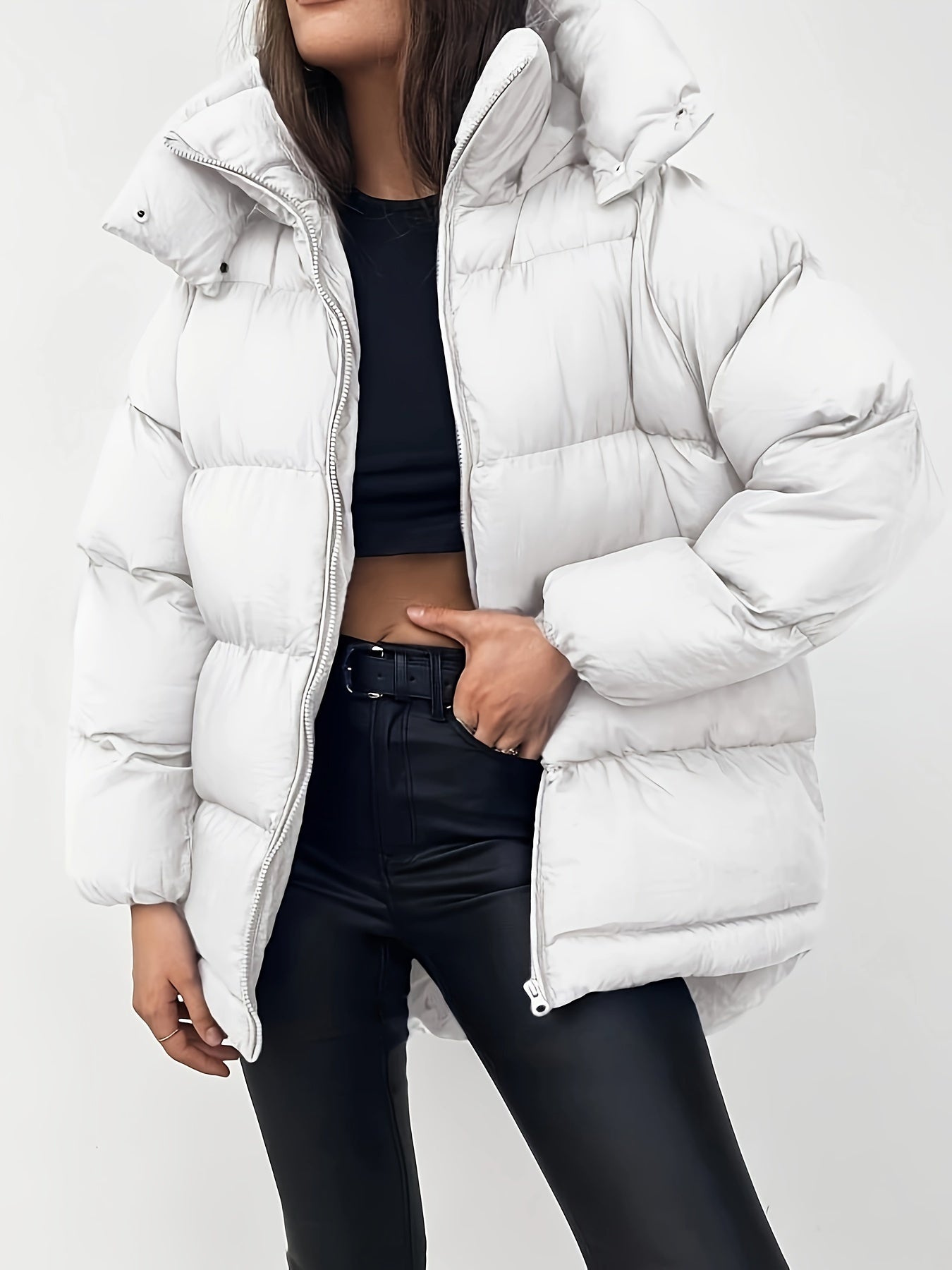 Women's Quilted Short Hooded Puffer Jacket with High Collar