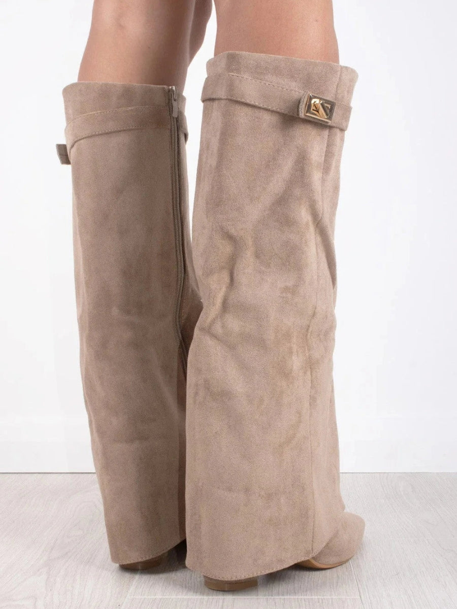Wide Flare Top Knee High Boots for Women with Block Heel