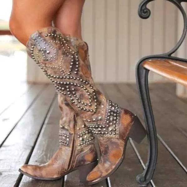 Women's Knee-High Cowboy Boots with Rivet Accents, Chunky Heel, and Side Zipper