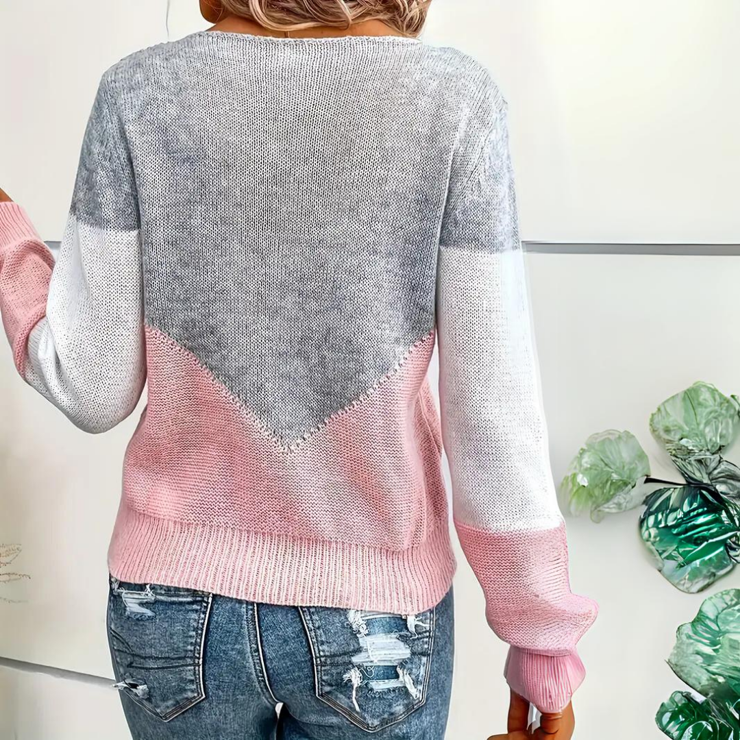 V-Shape Contrast Panel Color Block Pointelle Sweater for Women