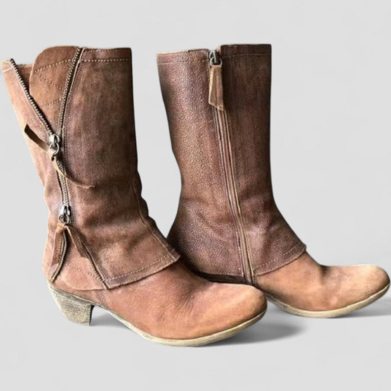 Women's Mid-Calf Winter Cowgirl Boots Featuring Zipper and Heel