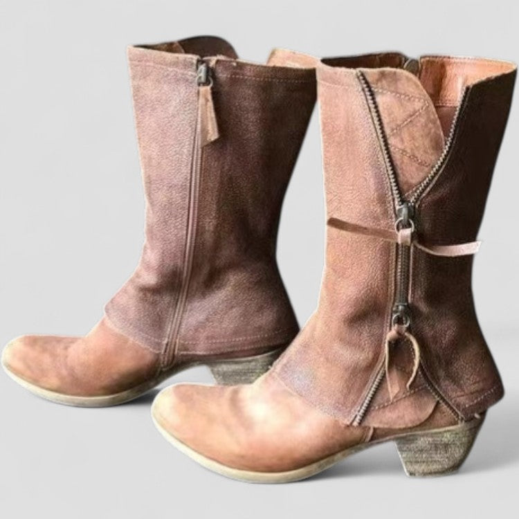 Women's Mid-Calf Winter Cowgirl Boots Featuring Zipper and Heel