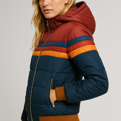 Women's Colorblock Hooded Winter Coat – Waterproof Puffer Jacket