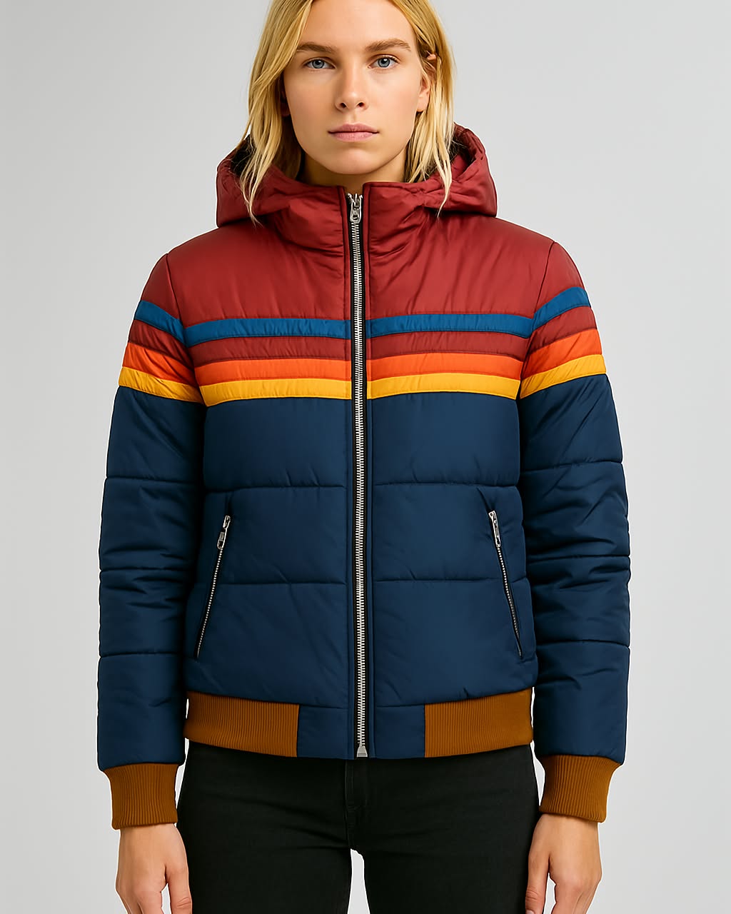 Women's Colorblock Hooded Winter Coat – Waterproof Puffer Jacket
