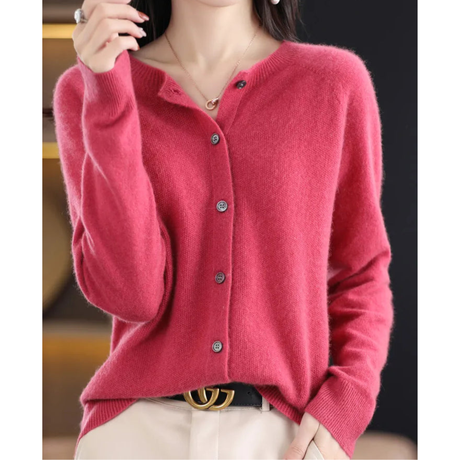 Round Neck Button-Up Soft Knit Cardigan for Women