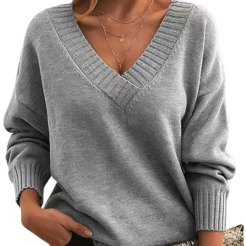 Relaxed Fit V-Neck Textured Knit Sweater for Women - Regular Length