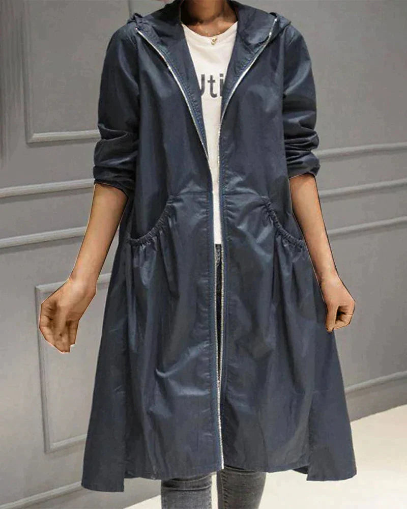 Women's Long Hooded Raincoat with Waterproof and Weatherproof Features and Zipper